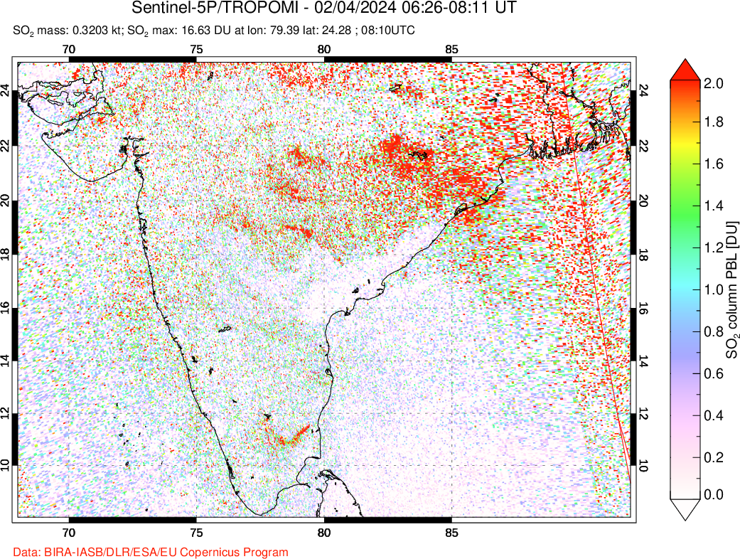 A sulfur dioxide image over India on Feb 04, 2024.