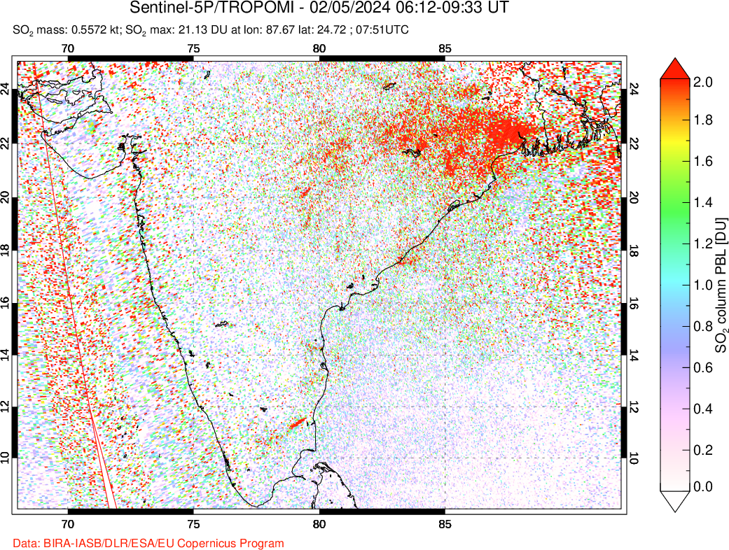 A sulfur dioxide image over India on Feb 05, 2024.