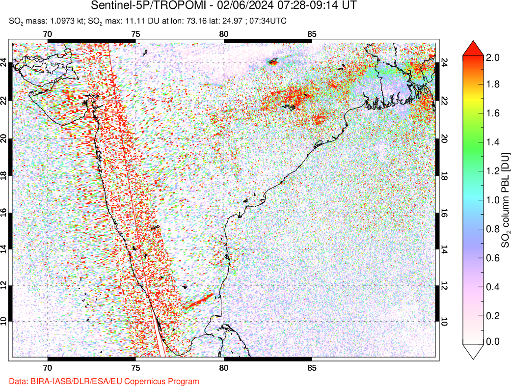 A sulfur dioxide image over India on Feb 06, 2024.