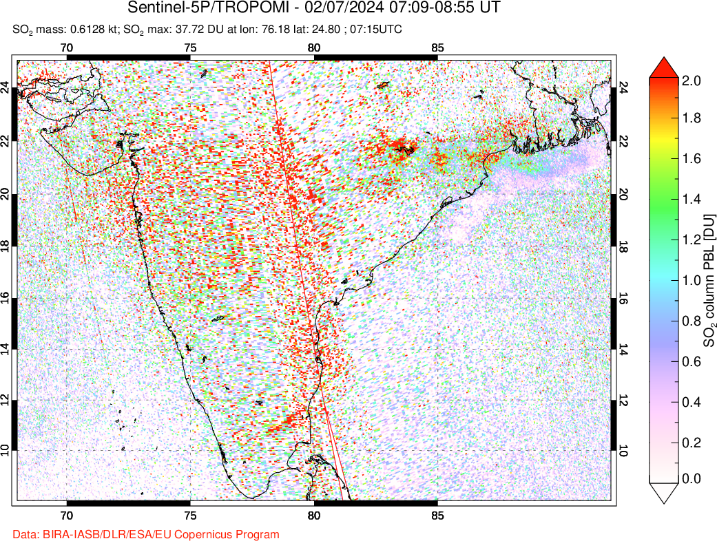 A sulfur dioxide image over India on Feb 07, 2024.