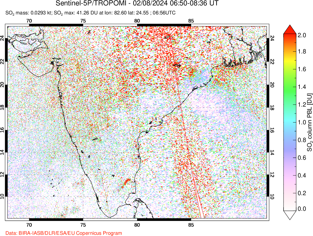 A sulfur dioxide image over India on Feb 08, 2024.