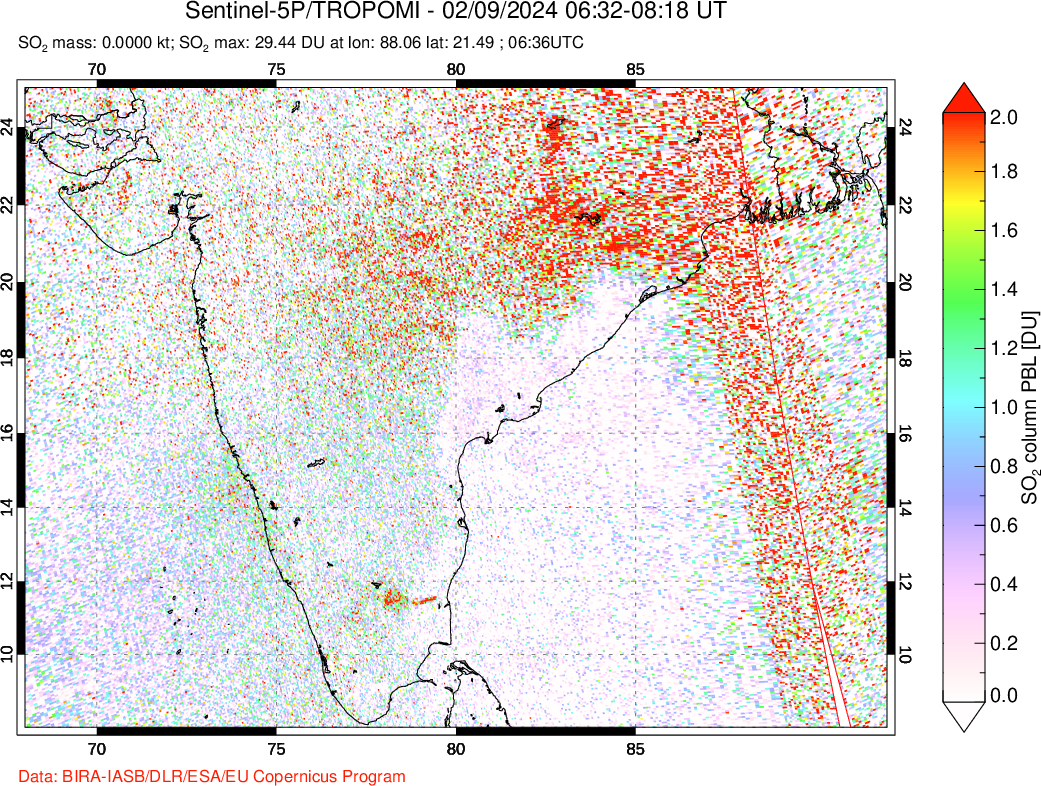 A sulfur dioxide image over India on Feb 09, 2024.