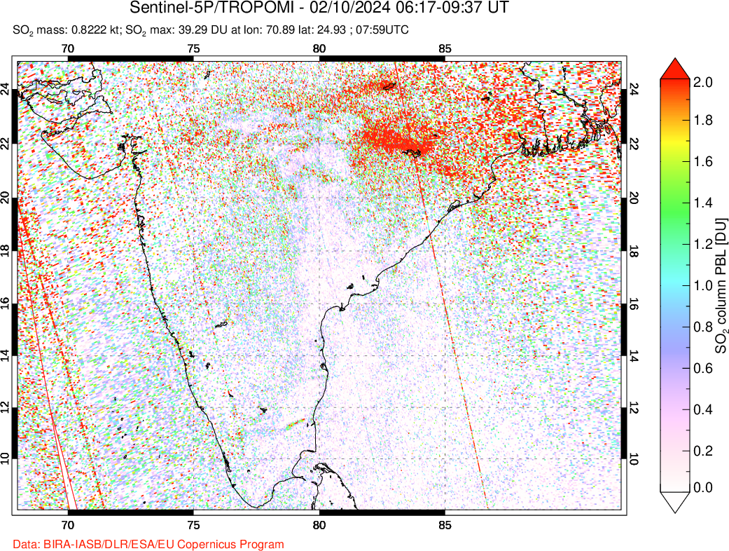 A sulfur dioxide image over India on Feb 10, 2024.