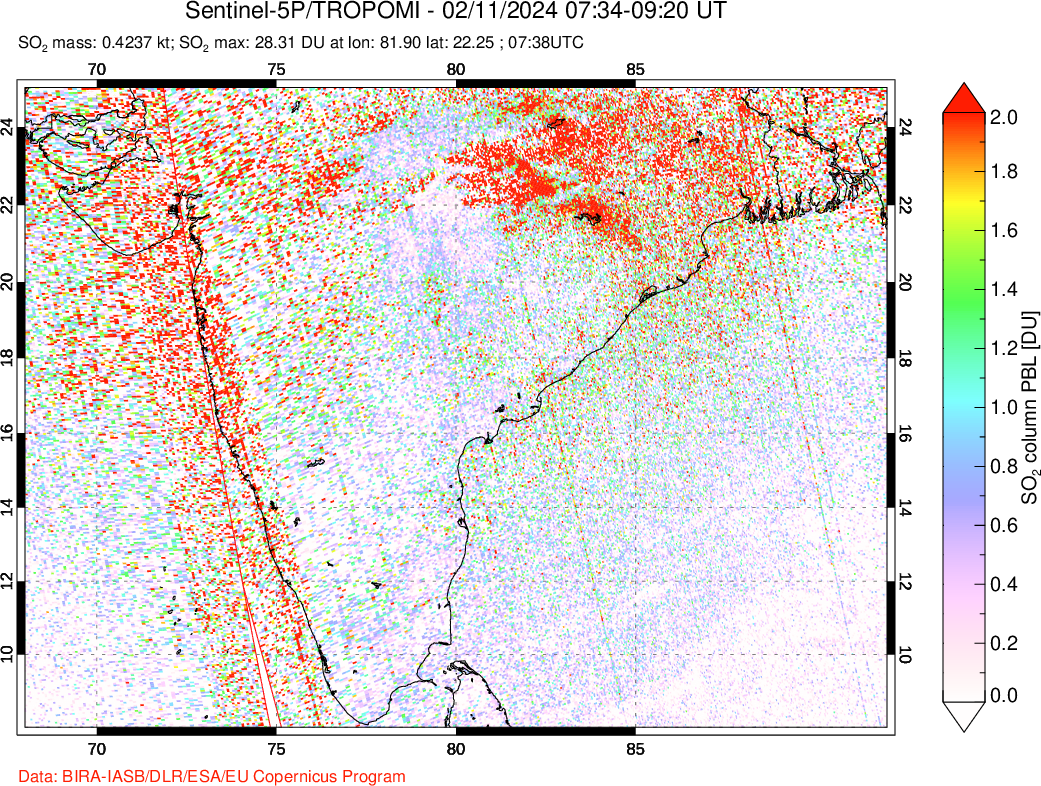 A sulfur dioxide image over India on Feb 11, 2024.