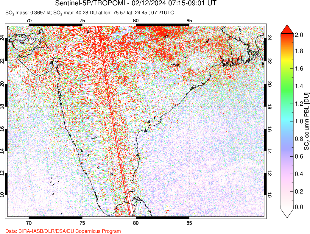 A sulfur dioxide image over India on Feb 12, 2024.