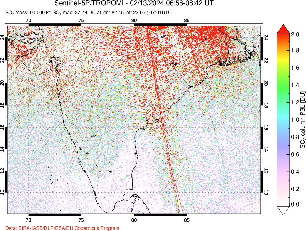 A sulfur dioxide image over India on Feb 13, 2024.