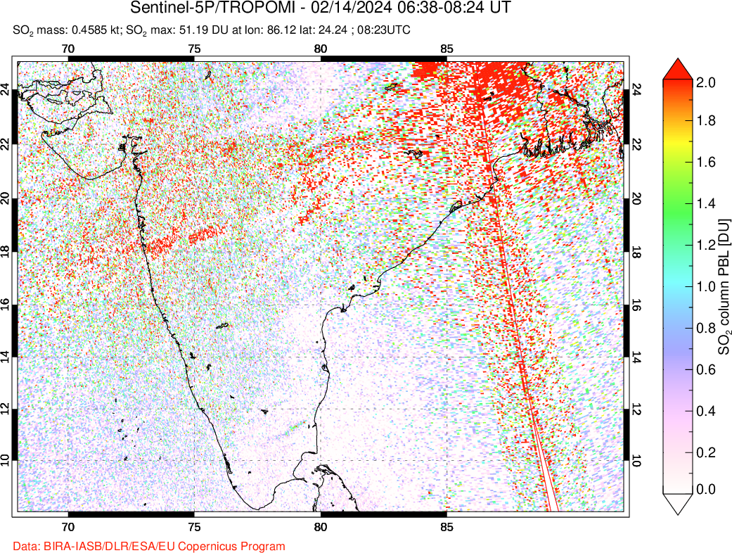 A sulfur dioxide image over India on Feb 14, 2024.