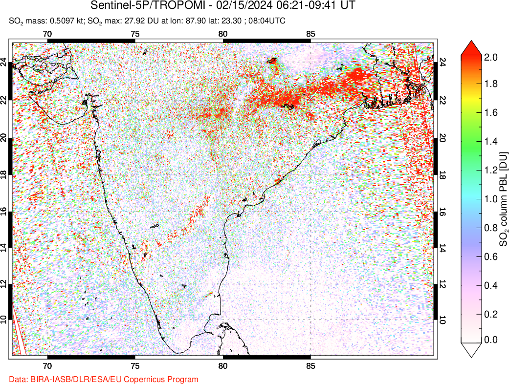 A sulfur dioxide image over India on Feb 15, 2024.