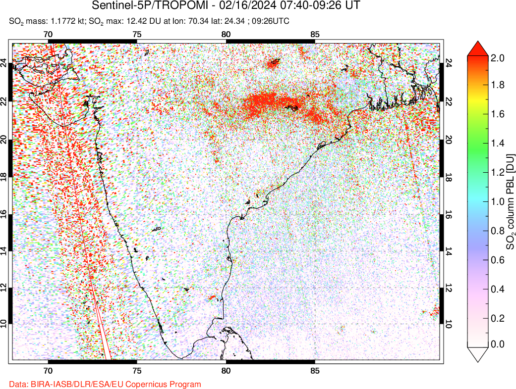 A sulfur dioxide image over India on Feb 16, 2024.