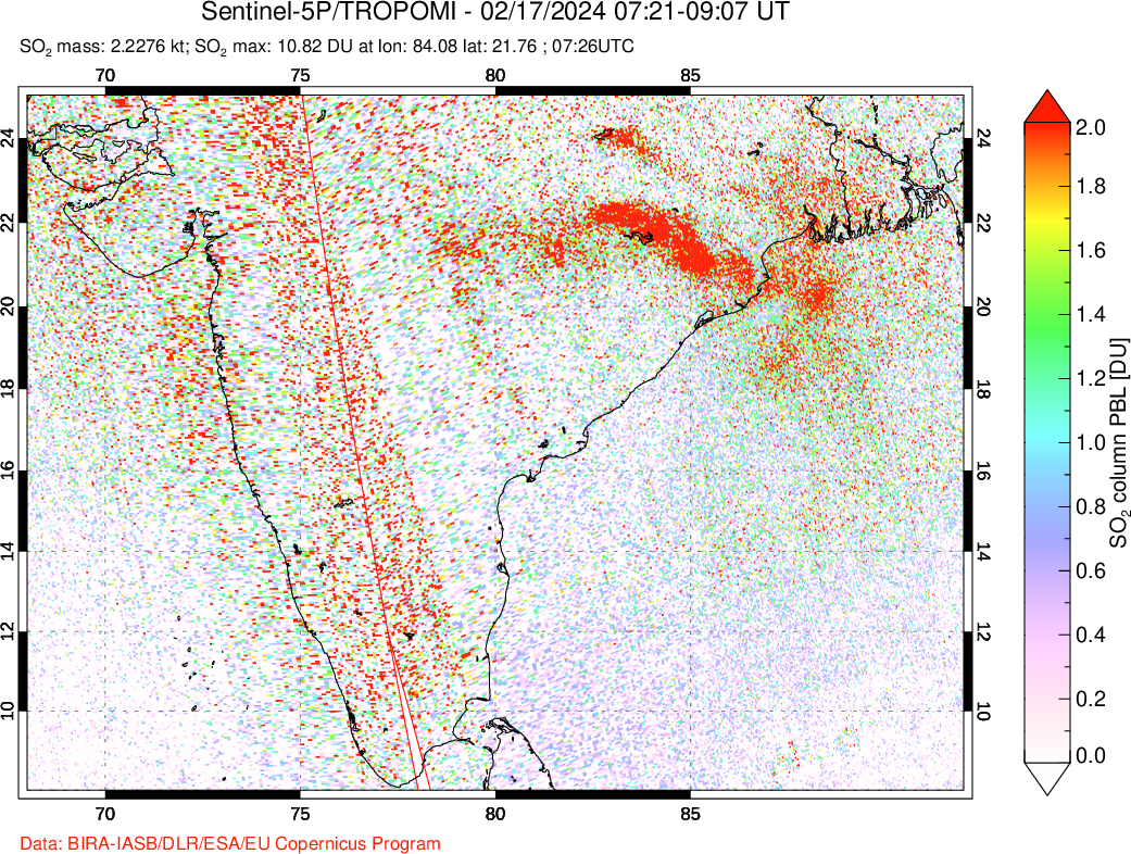 A sulfur dioxide image over India on Feb 17, 2024.