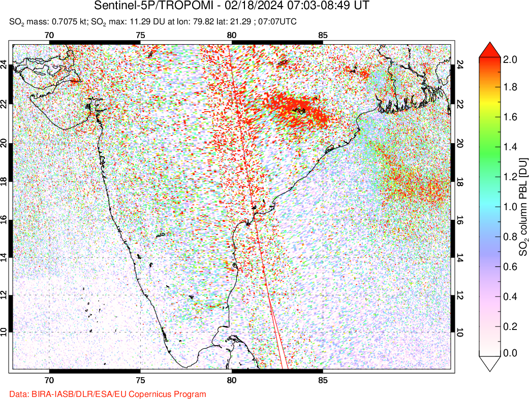 A sulfur dioxide image over India on Feb 18, 2024.