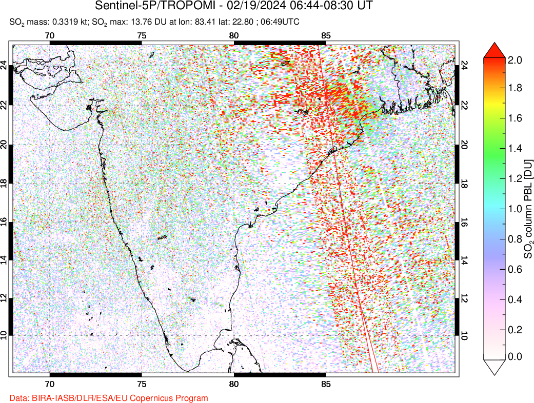 A sulfur dioxide image over India on Feb 19, 2024.