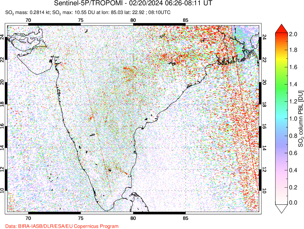 A sulfur dioxide image over India on Feb 20, 2024.