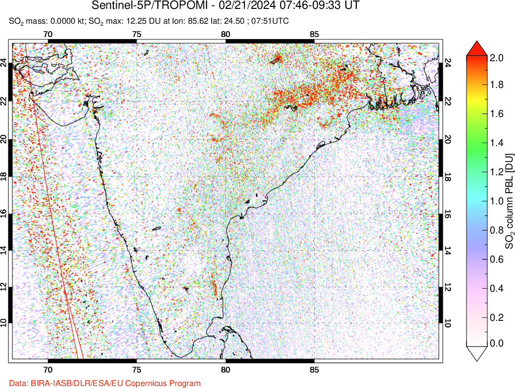 A sulfur dioxide image over India on Feb 21, 2024.