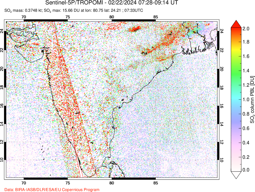 A sulfur dioxide image over India on Feb 22, 2024.