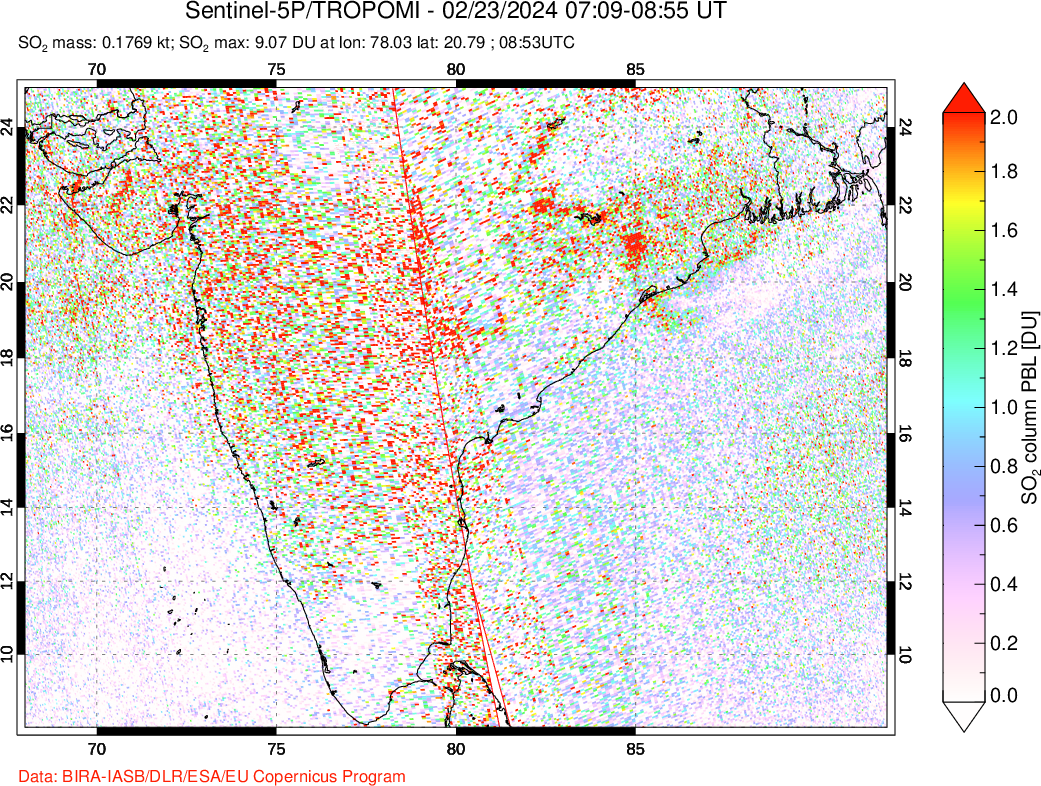 A sulfur dioxide image over India on Feb 23, 2024.