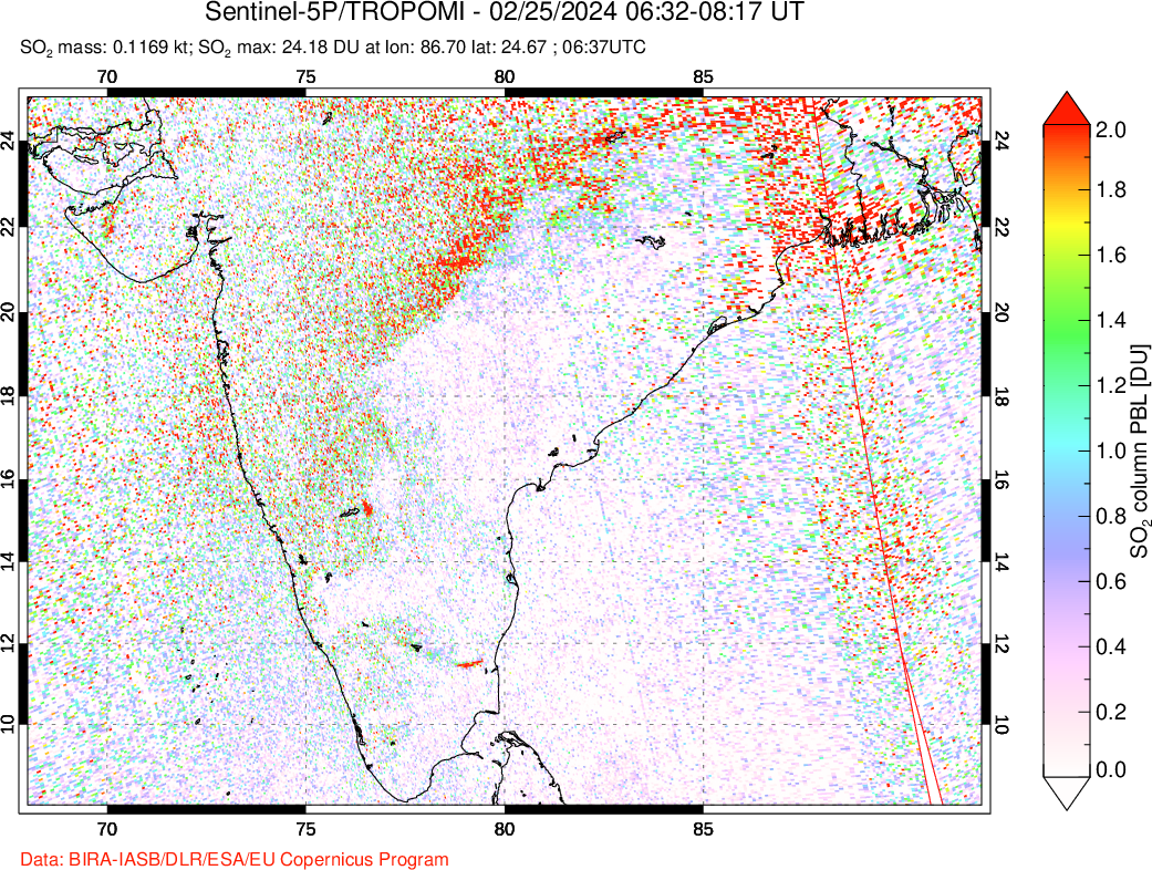 A sulfur dioxide image over India on Feb 25, 2024.