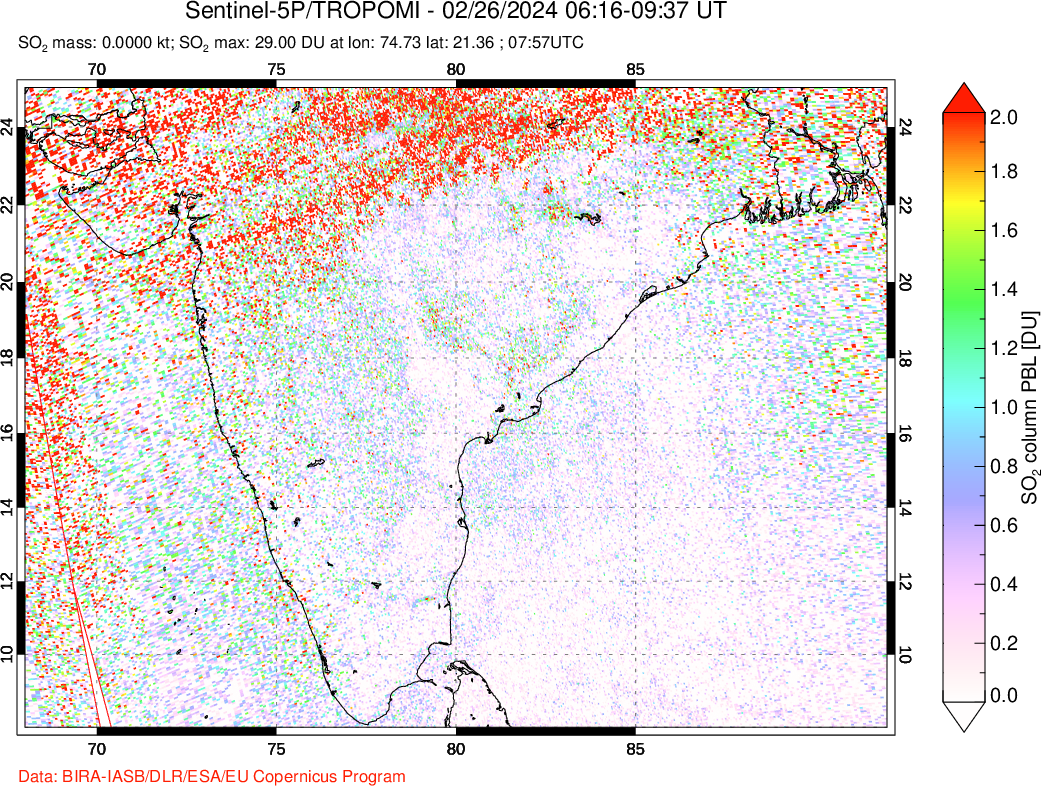 A sulfur dioxide image over India on Feb 26, 2024.