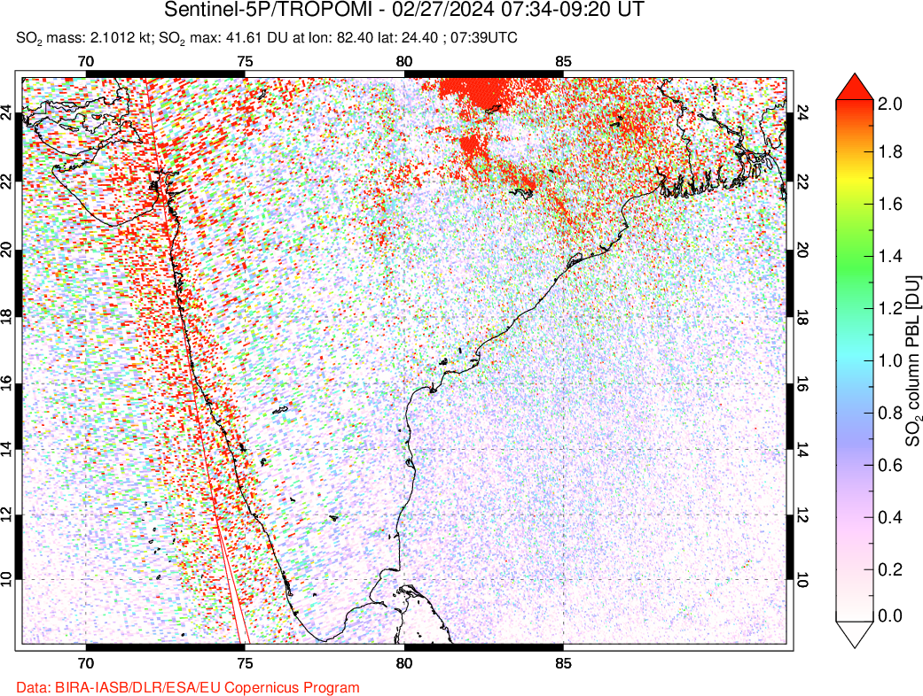 A sulfur dioxide image over India on Feb 27, 2024.