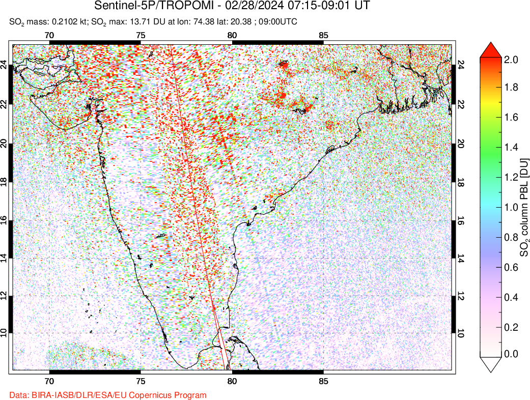 A sulfur dioxide image over India on Feb 28, 2024.