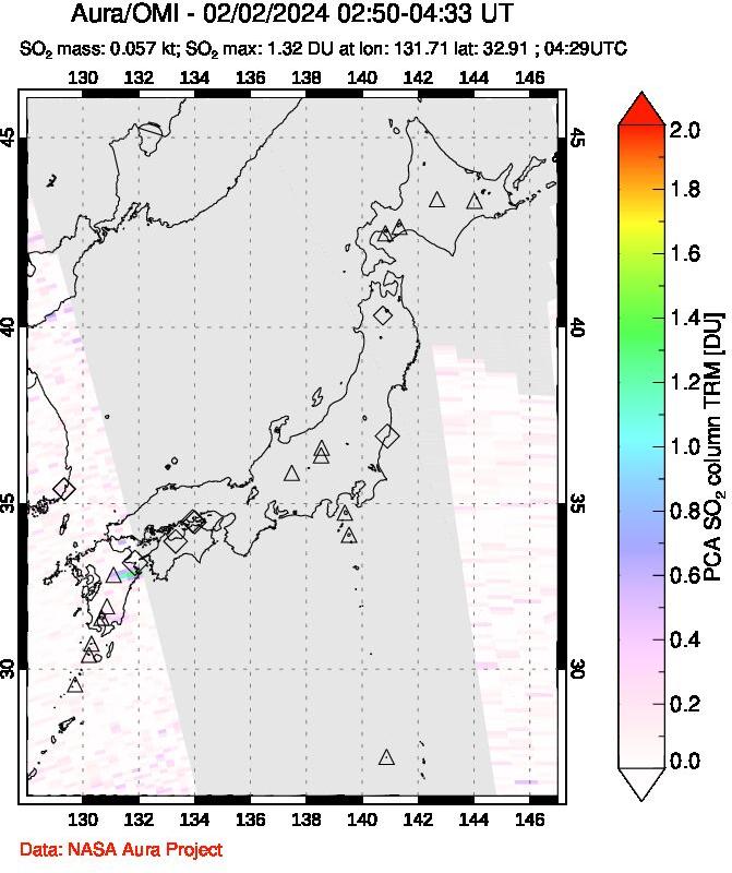A sulfur dioxide image over Japan on Feb 02, 2024.
