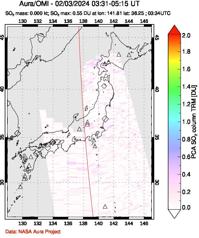 A sulfur dioxide image over Japan on Feb 03, 2024.