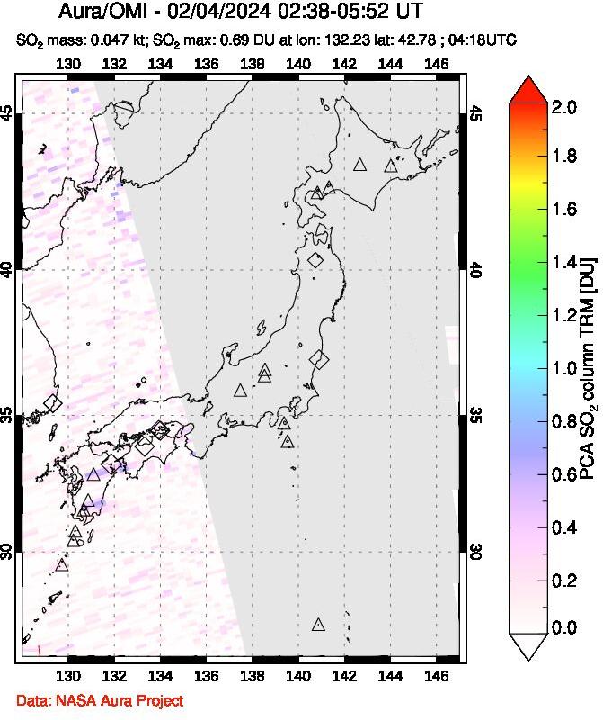 A sulfur dioxide image over Japan on Feb 04, 2024.