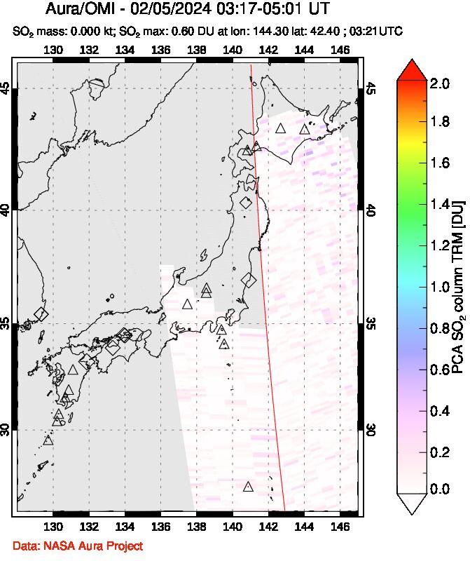 A sulfur dioxide image over Japan on Feb 05, 2024.