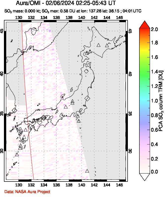 A sulfur dioxide image over Japan on Feb 06, 2024.