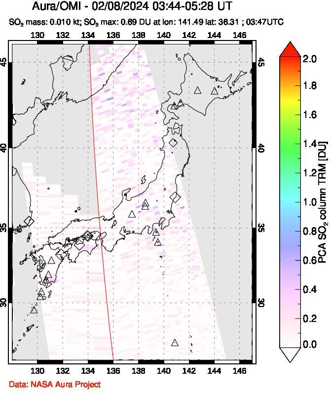 A sulfur dioxide image over Japan on Feb 08, 2024.