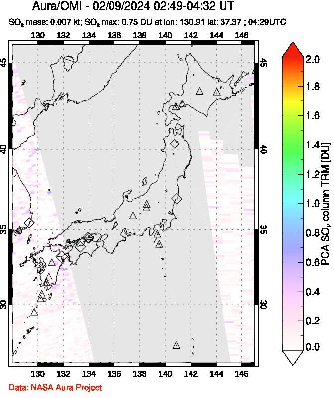 A sulfur dioxide image over Japan on Feb 09, 2024.