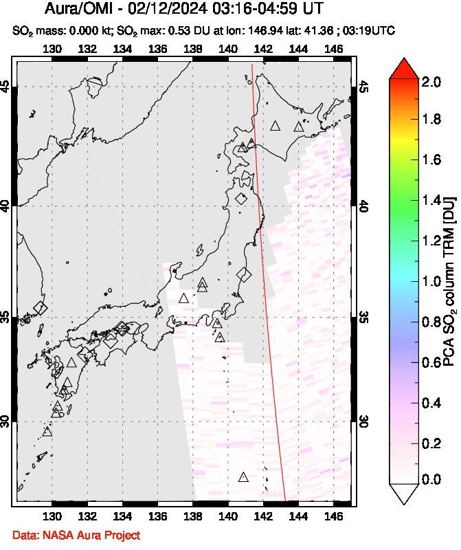 A sulfur dioxide image over Japan on Feb 12, 2024.