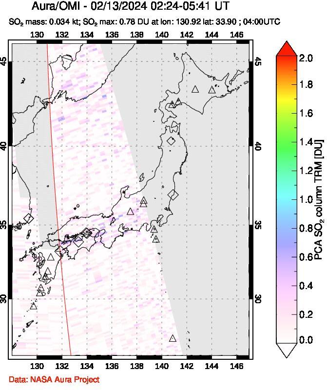 A sulfur dioxide image over Japan on Feb 13, 2024.