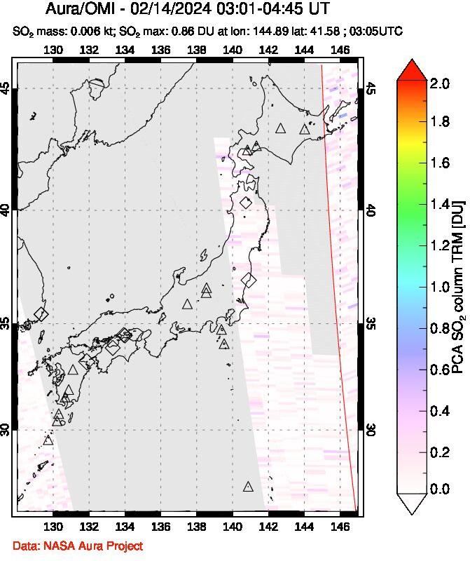 A sulfur dioxide image over Japan on Feb 14, 2024.