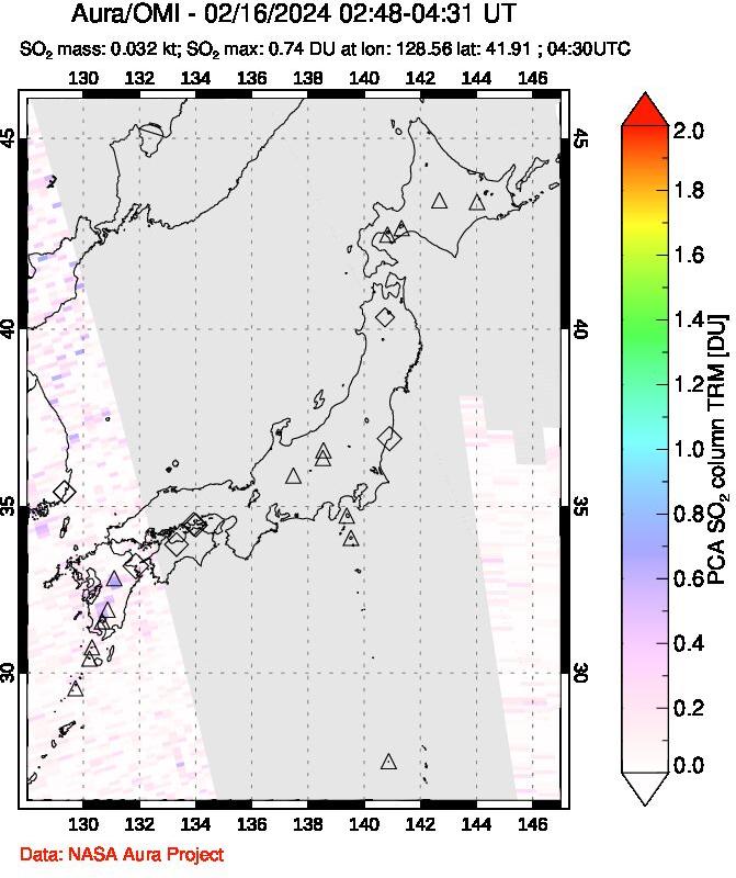 A sulfur dioxide image over Japan on Feb 16, 2024.