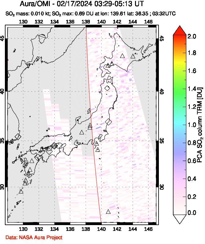 A sulfur dioxide image over Japan on Feb 17, 2024.