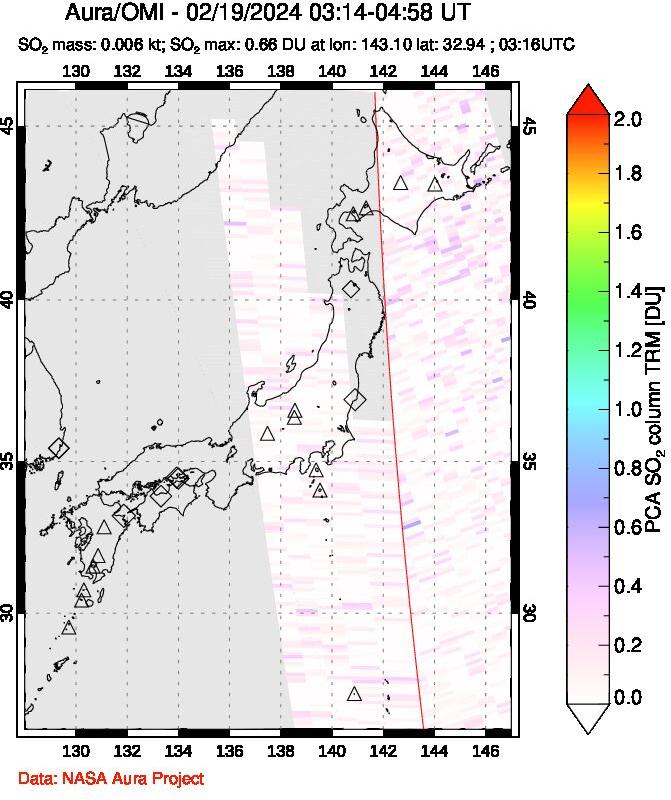 A sulfur dioxide image over Japan on Feb 19, 2024.