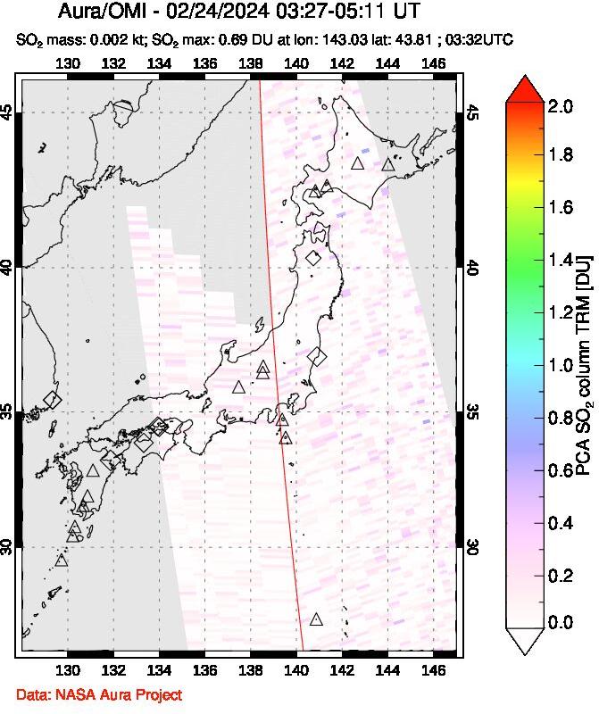 A sulfur dioxide image over Japan on Feb 24, 2024.