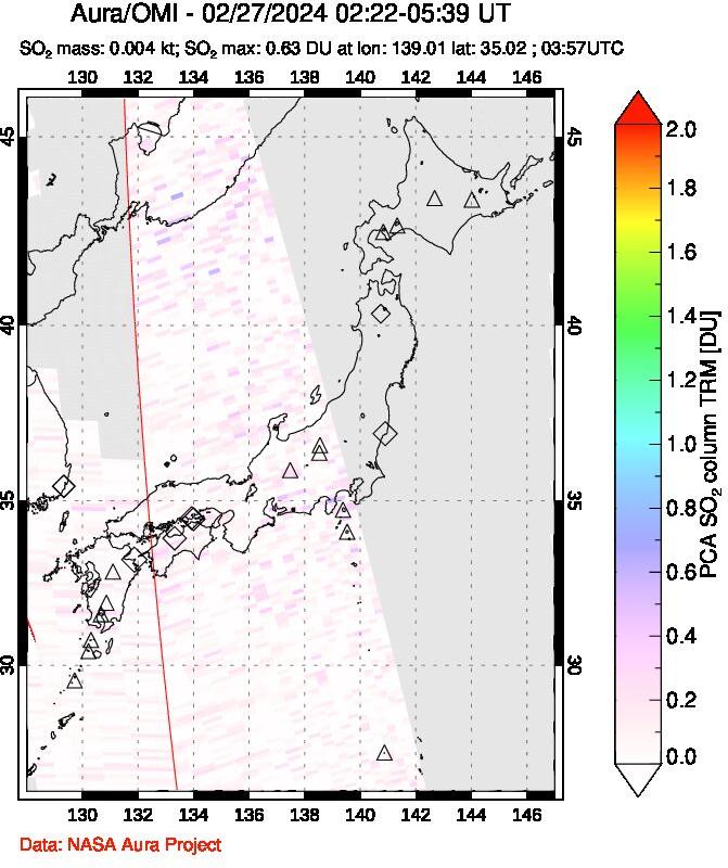 A sulfur dioxide image over Japan on Feb 27, 2024.