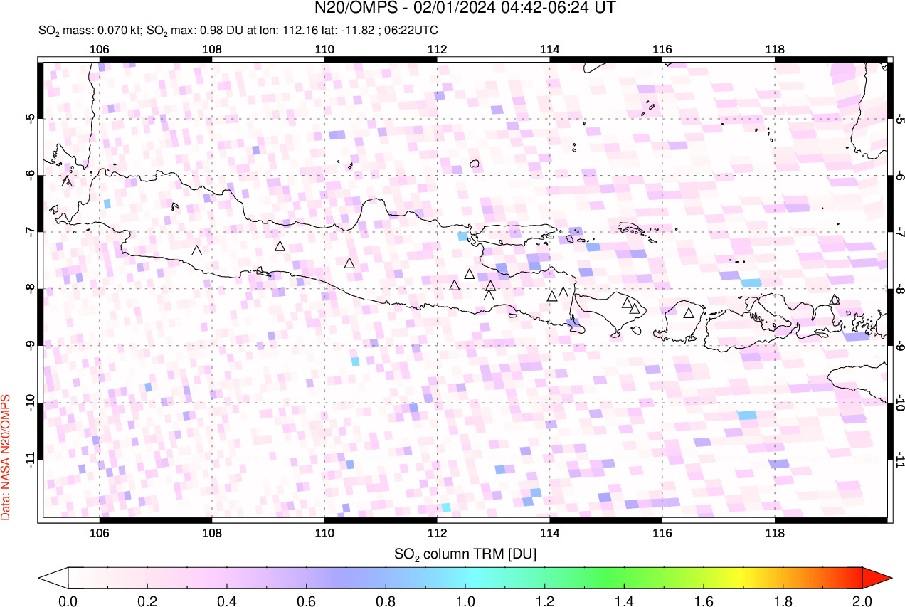 A sulfur dioxide image over Java, Indonesia on Feb 01, 2024.