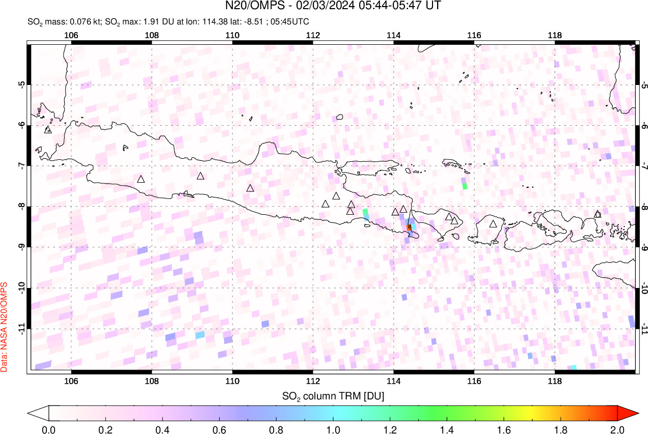 A sulfur dioxide image over Java, Indonesia on Feb 03, 2024.