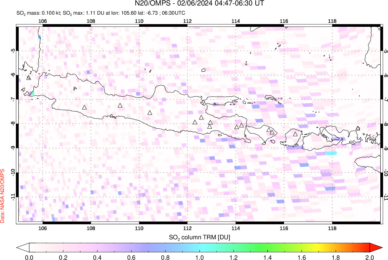 A sulfur dioxide image over Java, Indonesia on Feb 06, 2024.