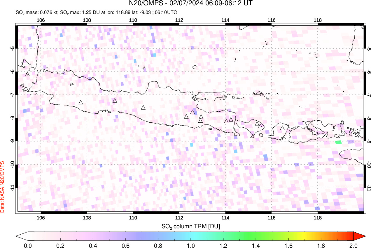 A sulfur dioxide image over Java, Indonesia on Feb 07, 2024.