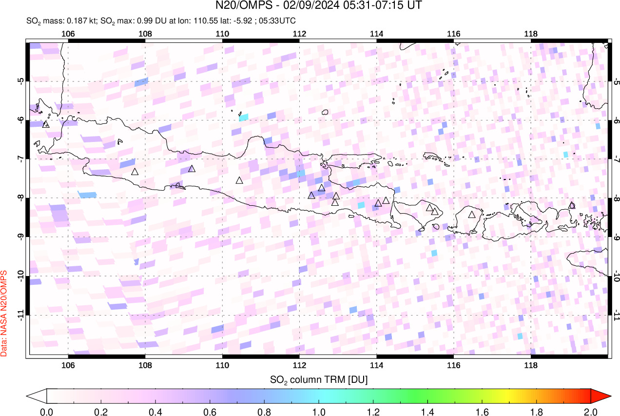 A sulfur dioxide image over Java, Indonesia on Feb 09, 2024.