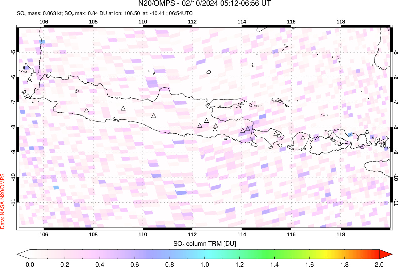 A sulfur dioxide image over Java, Indonesia on Feb 10, 2024.
