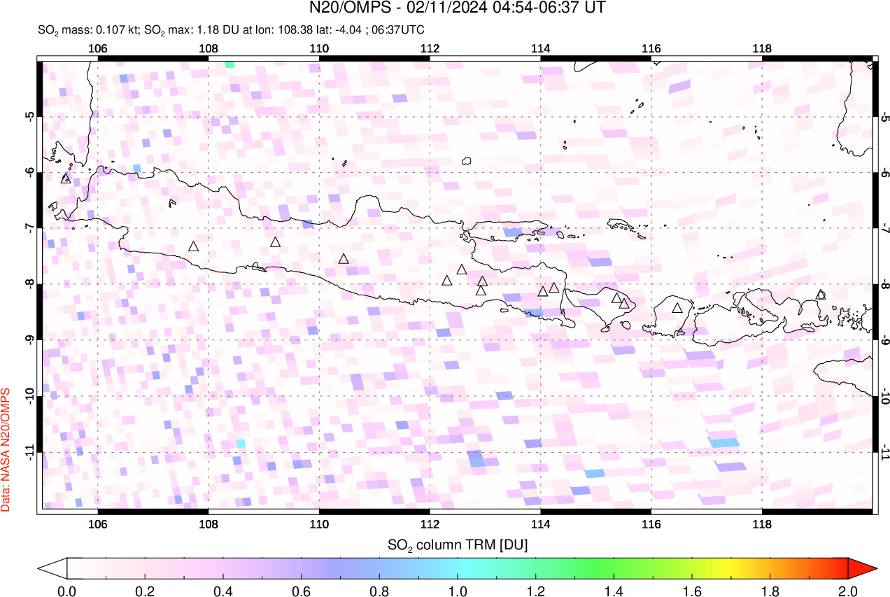 A sulfur dioxide image over Java, Indonesia on Feb 11, 2024.
