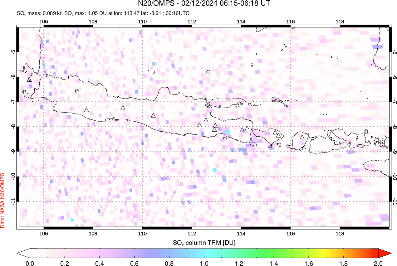 A sulfur dioxide image over Java, Indonesia on Feb 12, 2024.