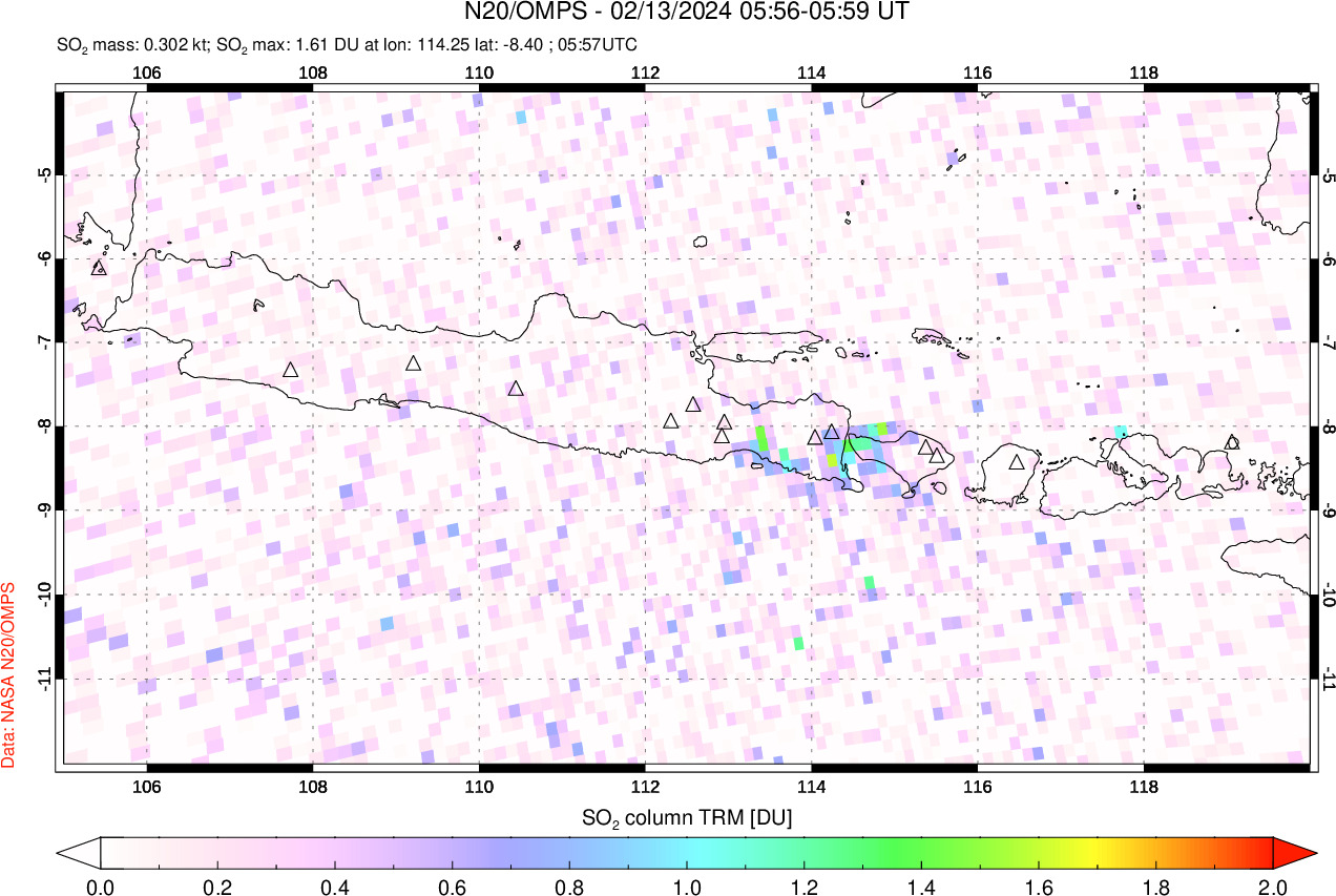 A sulfur dioxide image over Java, Indonesia on Feb 13, 2024.