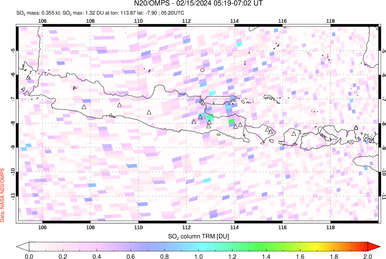 A sulfur dioxide image over Java, Indonesia on Feb 15, 2024.