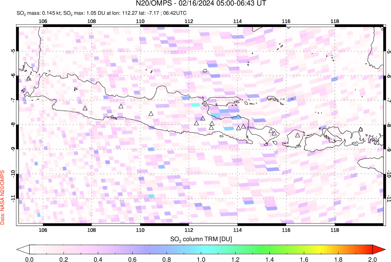 A sulfur dioxide image over Java, Indonesia on Feb 16, 2024.